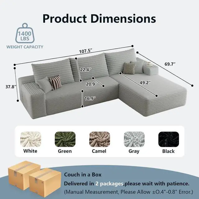 Alt view image 2 of 7 - 107" W Cloud Sectional Couch with L-Shape Chaise, Modern Corduroy Boneless Couch for Living Room,Memory Foam Sofa with Deep Seat,No Assembly Required (Grey,Right-Facing Chaise)