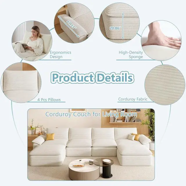 Alt view image 5 of 7 - 142" Cloud Sectional Couch with U-Shaped Chaise,Corduroy Viral Boneless Sofa with Ottoman,Memory Foam Couces in a Box with Deep Seat for Living Room,No Assembly Required (White)