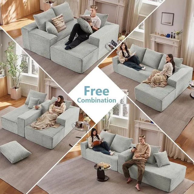 Alt view image 3 of 7 - 107" W Cloud Sectional Couch with L-Shape Chaise, Modern Corduroy Boneless Couch for Living Room,Memory Foam Sofa with Deep Seat,No Assembly Required (Grey,Right-Facing Chaise)