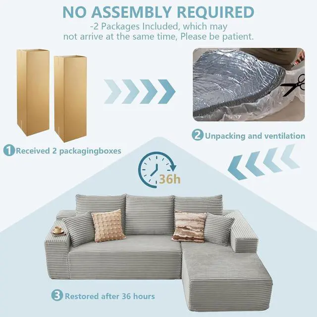 Alt view image 5 of 7 - 107" W Cloud Sectional Couch with L-Shape Chaise, Modern Corduroy Boneless Couch for Living Room,Memory Foam Sofa with Deep Seat,No Assembly Required (Grey,Right-Facing Chaise)