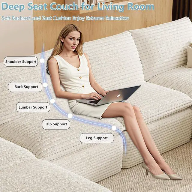 Alt view image 4 of 7 - 142" Cloud Sectional Couch with U-Shaped Chaise,Corduroy Viral Boneless Sofa with Ottoman,Memory Foam Couces in a Box with Deep Seat for Living Room,No Assembly Required (White)