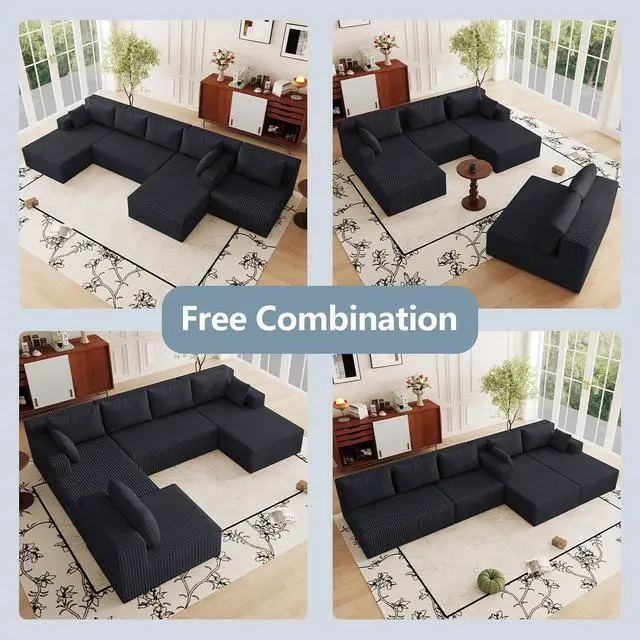 Alt view image 3 of 7 - 160" W Cloud Sectional Couch,Modern U-Shaped Cloud Couch with Deep Seat,Comfy Corduroy 5-Seater Sofa,Memory Foam Sofa for Living Room,No Assembly (Black,Right-Facing Chaise)