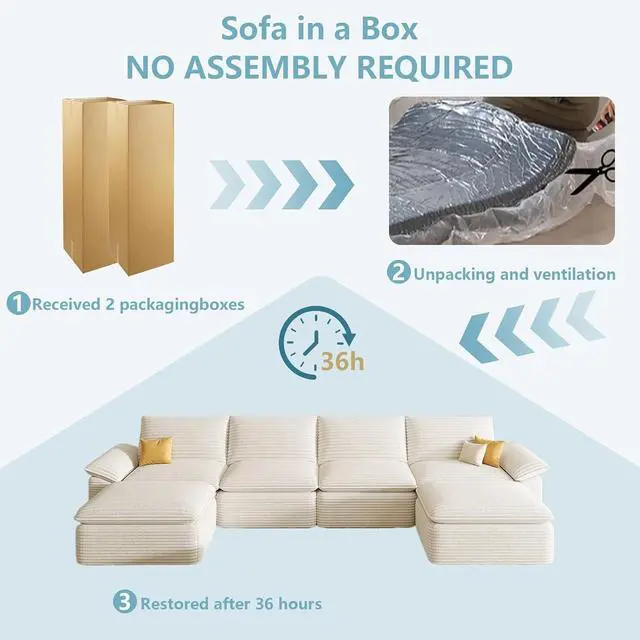 Alt view image 6 of 7 - 142" Cloud Sectional Couch with U-Shaped Chaise,Corduroy Viral Boneless Sofa with Ottoman,Memory Foam Couces in a Box with Deep Seat for Living Room,No Assembly Required (White)