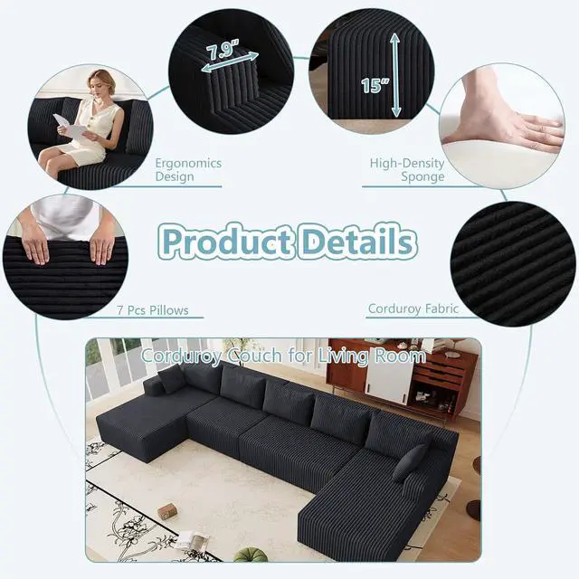 Alt view image 5 of 7 - 160" W Cloud Sectional Couch,Modern U-Shaped Cloud Couch with Deep Seat,Comfy Corduroy 5-Seater Sofa,Memory Foam Sofa for Living Room,No Assembly (Black,Right-Facing Chaise)