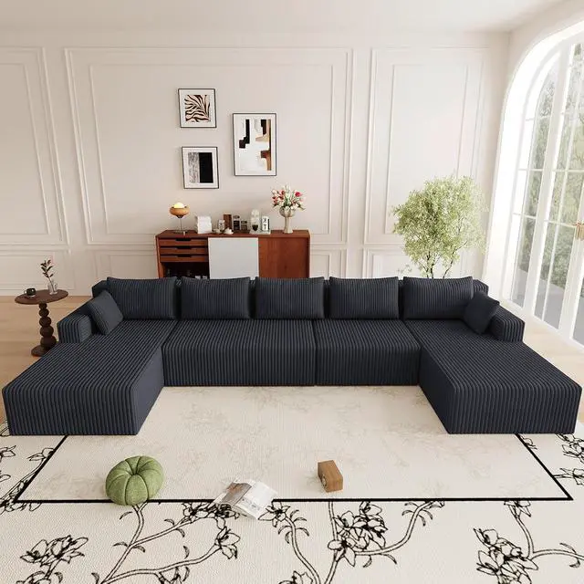 Alt view image 6 of 7 - 160" W Cloud Sectional Couch,Modern U-Shaped Cloud Couch with Deep Seat,Comfy Corduroy 5-Seater Sofa,Memory Foam Sofa for Living Room,No Assembly (Black,Right-Facing Chaise)
