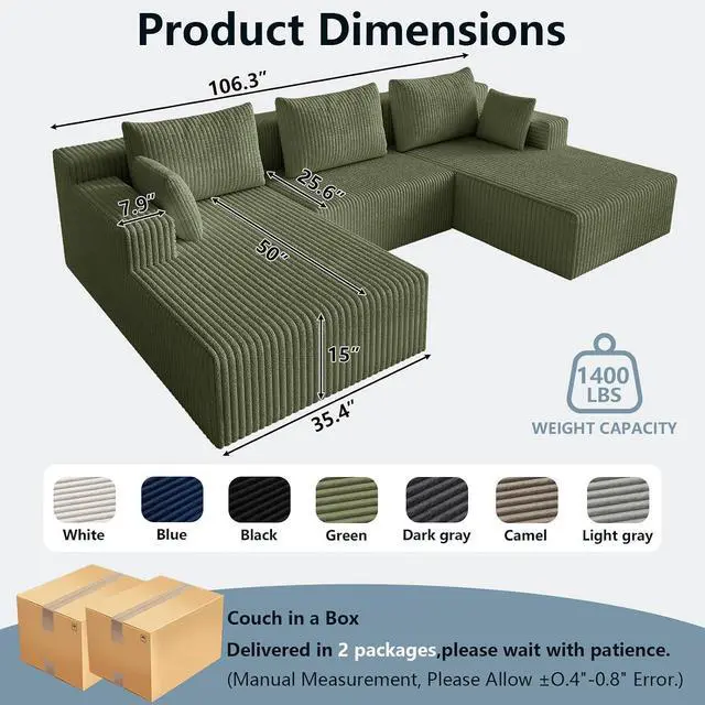Alt view image 2 of 7 - 107" W Cloud Sectional Couch,Modern U-Shaped Cloud Couch with Deep Seat,Comfy Corduroy 3-Seater Sofa,Memory Foam Sofa for Living Room,No Assembly (Green)