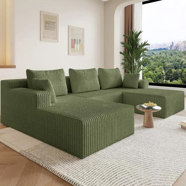 Main image of 107" W Cloud Sectional Couch,Modern U-Shaped Cloud Couch with Deep Seat,Comfy Corduroy 3-Seater Sofa,Memory Foam Sofa for Living Room,No Assembly (Green)