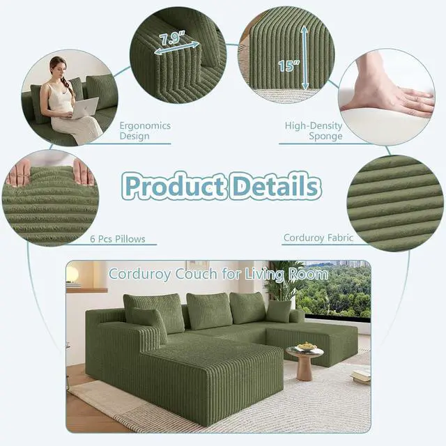 Alt view image 3 of 7 - 107" W Cloud Sectional Couch,Modern U-Shaped Cloud Couch with Deep Seat,Comfy Corduroy 3-Seater Sofa,Memory Foam Sofa for Living Room,No Assembly (Green)