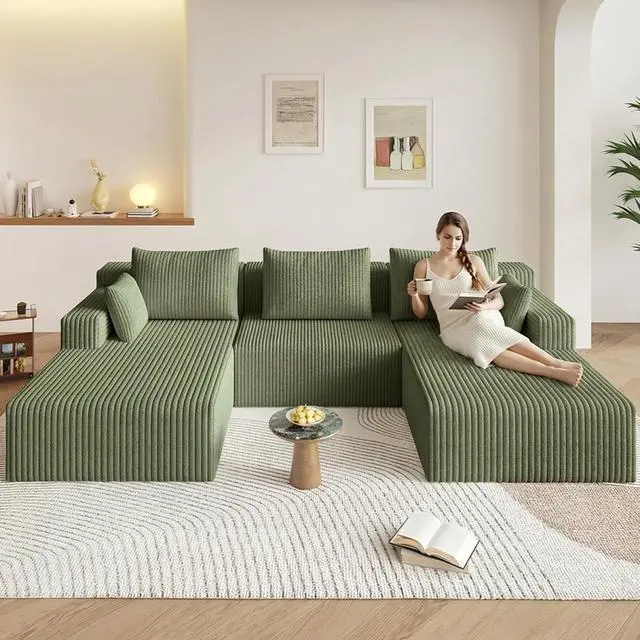 Alt view image 4 of 7 - 107" W Cloud Sectional Couch,Modern U-Shaped Cloud Couch with Deep Seat,Comfy Corduroy 3-Seater Sofa,Memory Foam Sofa for Living Room,No Assembly (Green)