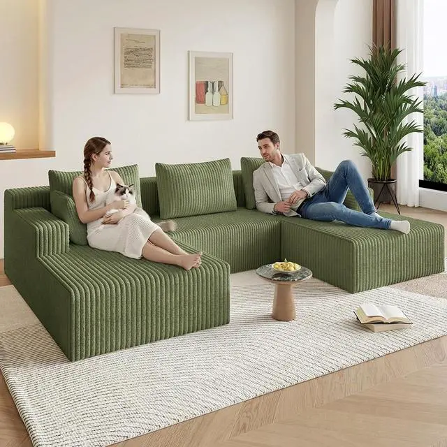Alt view image 5 of 7 - 107" W Cloud Sectional Couch,Modern U-Shaped Cloud Couch with Deep Seat,Comfy Corduroy 3-Seater Sofa,Memory Foam Sofa for Living Room,No Assembly (Green)