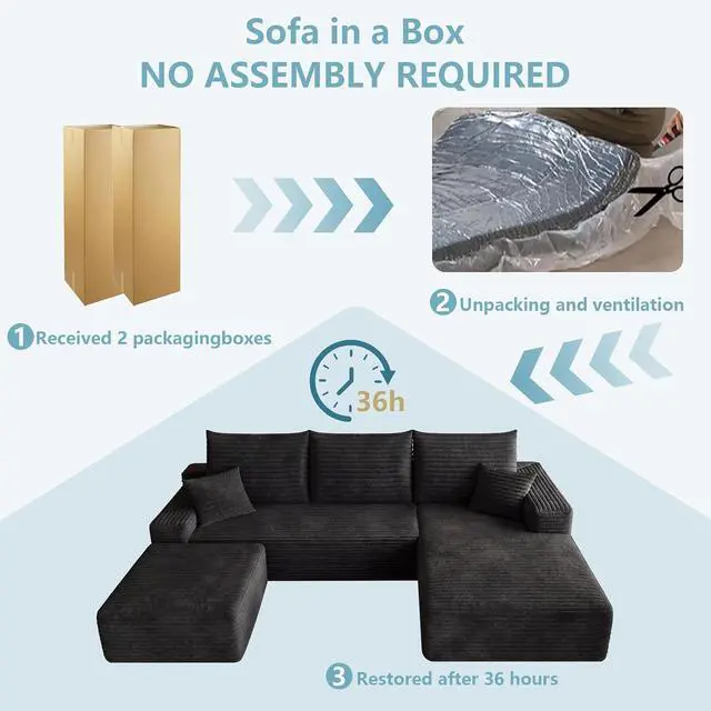 Alt view image 7 of 7 - 95" Cloud Sectional Couch with Ottoman,Modern U-Shaped Cloud Couch with Deep Seat,Comfy Corduroy 3-Seater Sofa,Memory Foam Sofa for Living Room,No Assembly (Black,Right-Facing Chaise)