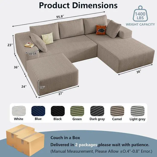 Alt view image 2 of 7 - 96" W Cloud Sectional Couch with Ottoman,Modern U-Shaped Cloud Couch with Deep Seat,Comfy Corduroy 3-Seater Sofa,Memory Foam Sofa for Living Room,No Assembly (Camel,Right-Facing Chaise)