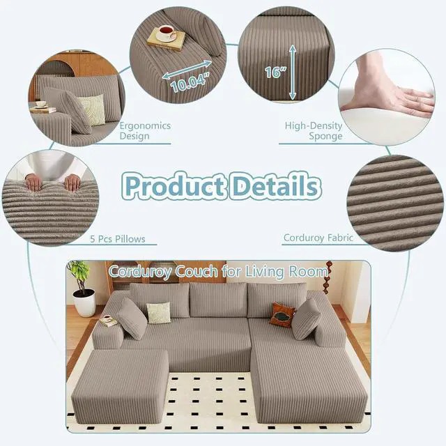 Alt view image 4 of 7 - 96" W Cloud Sectional Couch with Ottoman,Modern U-Shaped Cloud Couch with Deep Seat,Comfy Corduroy 3-Seater Sofa,Memory Foam Sofa for Living Room,No Assembly (Camel,Right-Facing Chaise)