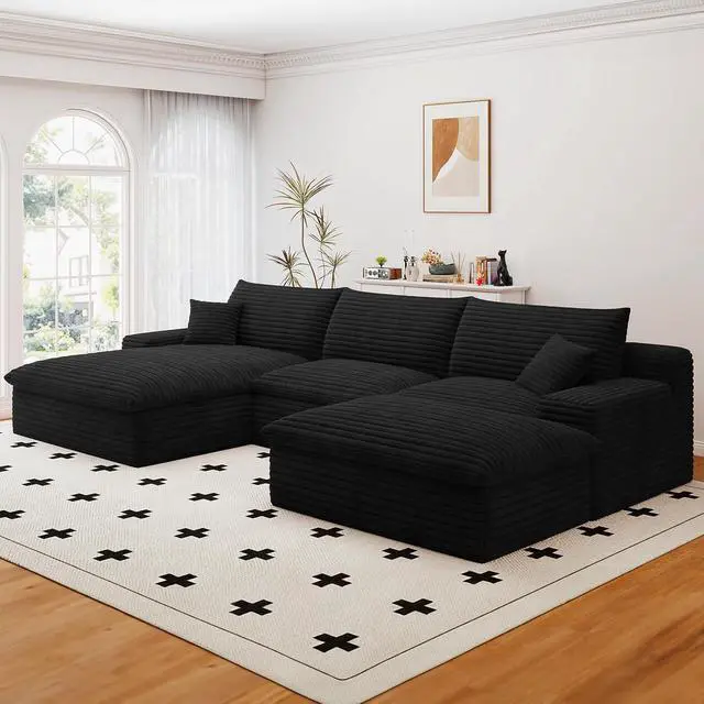 Alt view image 4 of 7 - 107" Cloud Sectional Couch with U-Shaped Chaise,Corduroy Viral Boneless Sofa with Ottoman,Memory Foam Couches in a Box with Deep Seat for Living Room,No Assembly Required (Black,Left-Facing Chaise)