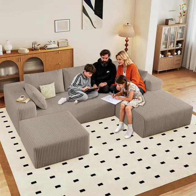 Alt view image 3 of 7 - 96" W Cloud Sectional Couch with Ottoman,Modern U-Shaped Cloud Couch with Deep Seat,Comfy Corduroy 3-Seater Sofa,Memory Foam Sofa for Living Room,No Assembly (Camel,Right-Facing Chaise)