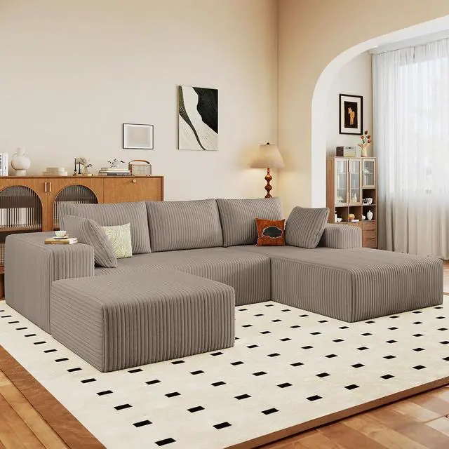 Alt view image 6 of 7 - 96" W Cloud Sectional Couch with Ottoman,Modern U-Shaped Cloud Couch with Deep Seat,Comfy Corduroy 3-Seater Sofa,Memory Foam Sofa for Living Room,No Assembly (Camel,Right-Facing Chaise)