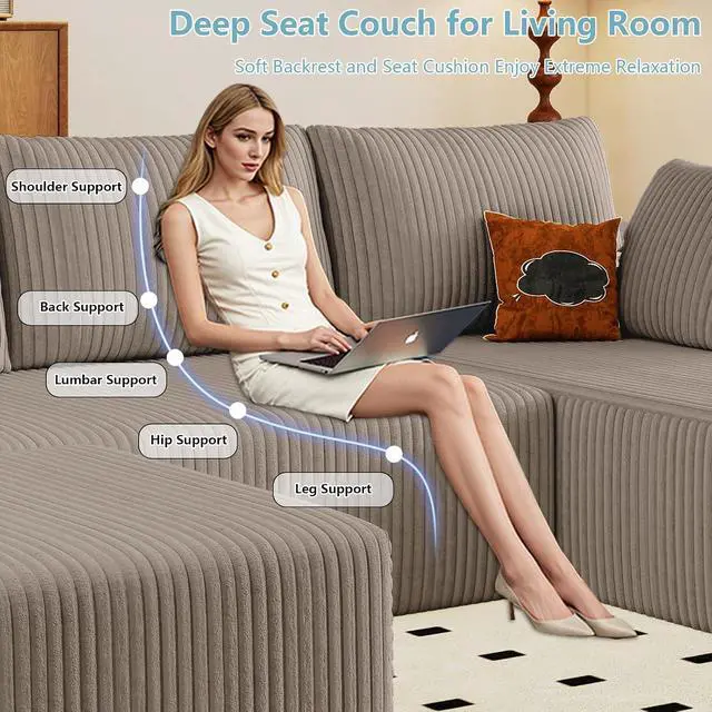 Alt view image 5 of 7 - 96" W Cloud Sectional Couch with Ottoman,Modern U-Shaped Cloud Couch with Deep Seat,Comfy Corduroy 3-Seater Sofa,Memory Foam Sofa for Living Room,No Assembly (Camel,Right-Facing Chaise)