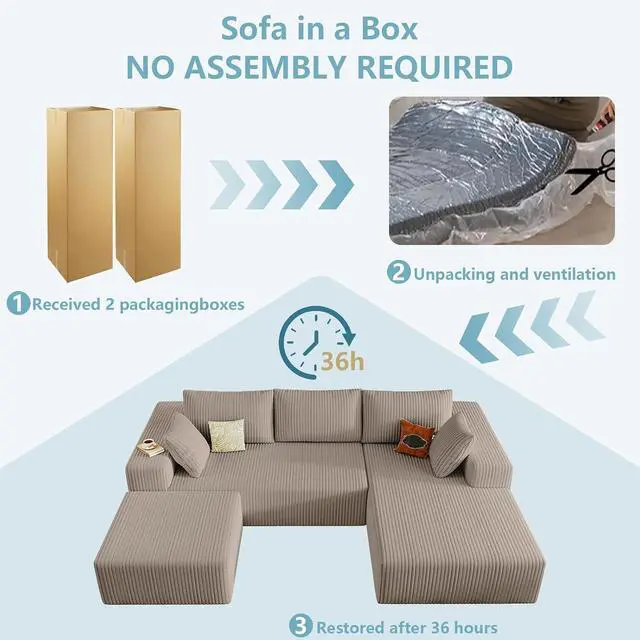 Alt view image 7 of 7 - 96" W Cloud Sectional Couch with Ottoman,Modern U-Shaped Cloud Couch with Deep Seat,Comfy Corduroy 3-Seater Sofa,Memory Foam Sofa for Living Room,No Assembly (Camel,Right-Facing Chaise)