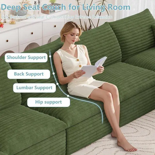 Alt view image 6 of 7 - 136" Cloud Sectional Couch with U-Shaped Chaise,6-Seater Corduroy Viral Boneless Sofa with Ottoman,Memory Foam Couches in a Box with Deep Seat for Living Room,No Assembly Required, Green