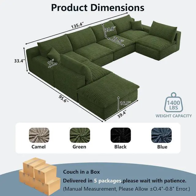 Alt view image 2 of 7 - 136" Cloud Sectional Couch with U-Shaped Chaise,6-Seater Corduroy Viral Boneless Sofa with Ottoman,Memory Foam Couches in a Box with Deep Seat for Living Room,No Assembly Required, Green