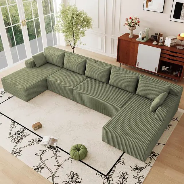 Main image of 160" W Cloud Sectional Couch,Modern U-Shaped Cloud Couch with Deep Seat,Comfy Corduroy 5-Seater Sofa,Memory Foam Sofa for Living Room,No Assembly (Green)