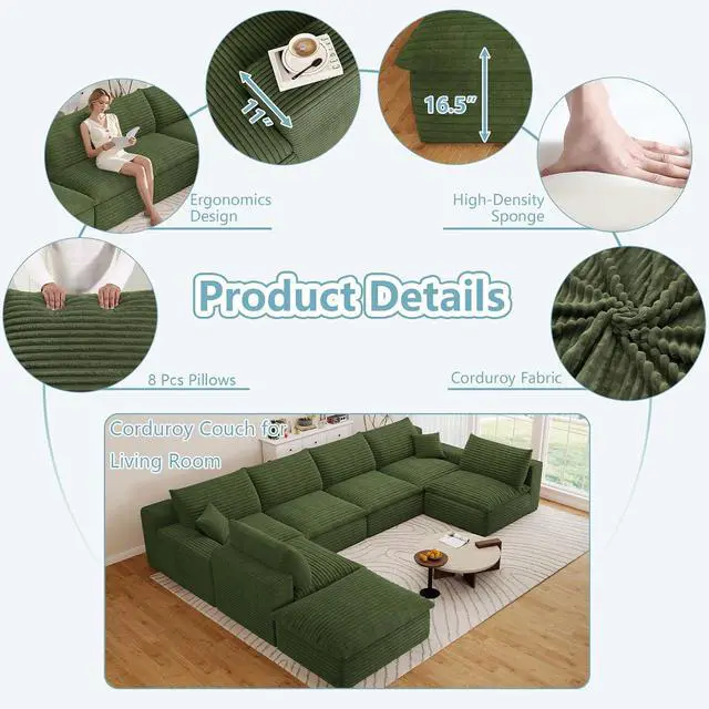 Alt view image 5 of 7 - 136" Cloud Sectional Couch with U-Shaped Chaise,6-Seater Corduroy Viral Boneless Sofa with Ottoman,Memory Foam Couches in a Box with Deep Seat for Living Room,No Assembly Required, Green