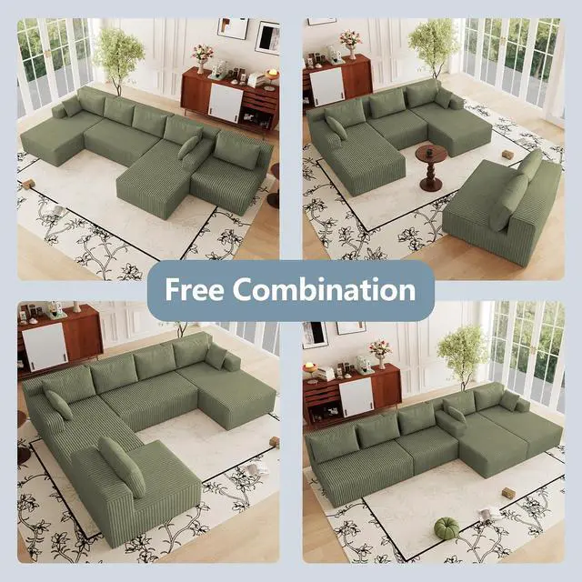 Alt view image 2 of 7 - 160" W Cloud Sectional Couch,Modern U-Shaped Cloud Couch with Deep Seat,Comfy Corduroy 5-Seater Sofa,Memory Foam Sofa for Living Room,No Assembly (Green)