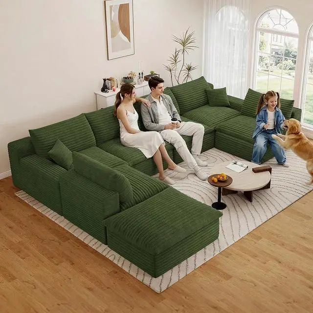 Main image of 136" Cloud Sectional Couch with U-Shaped Chaise,6-Seater Corduroy Viral Boneless Sofa with Ottoman,Memory Foam Couches in a Box with Deep Seat for Living Room,No Assembly Required, Green
