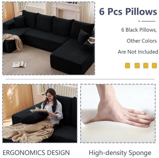Alt view image 4 of 6 - Cloud Modular Sectional Couch for Living Room,Large U-Shaped Floor Sofa Set with 6 Pillows, 134x69.7 Fluffy Deep-Seat Comfy Corduroy Sofa with Left & Right Chaise Lounges, No Assembly (Black)