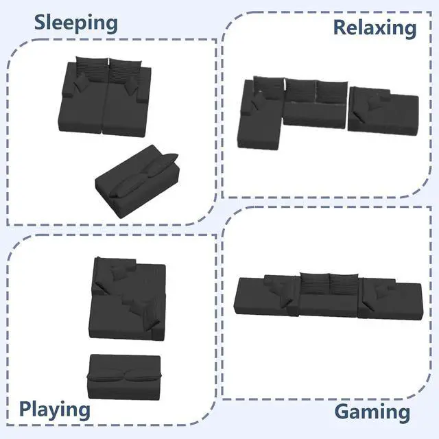 Alt view image 6 of 6 - Cloud Modular Sectional Couch for Living Room,Large U-Shaped Floor Sofa Set with 6 Pillows, 134x69.7 Fluffy Deep-Seat Comfy Corduroy Sofa with Left & Right Chaise Lounges, No Assembly (Black)