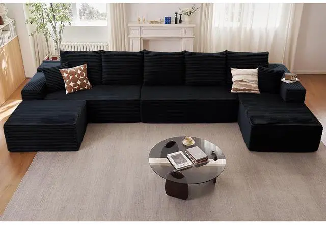 Main image of Cloud Modular Sectional Couch for Living Room, Large U-Shaped Floor Sofa Set with Ottoman & 7 Pillows, 167x69.7 Comfy Fluffy Deep-Seat Corduroy Sofa, No Assembly Required (Black, Right-Facing Chaise)