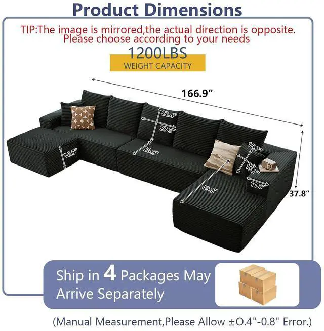 Alt view image 2 of 6 - Cloud Modular Sectional Couch for Living Room, Large U-Shaped Floor Sofa Set with Ottoman & 7 Pillows, 167x69.7 Comfy Fluffy Deep-Seat Corduroy Sofa, No Assembly Required (Black, Right-Facing Chaise)