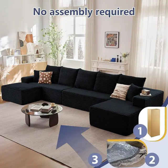Alt view image 3 of 6 - Cloud Modular Sectional Couch for Living Room, Large U-Shaped Floor Sofa Set with Ottoman & 7 Pillows, 167x69.7 Comfy Fluffy Deep-Seat Corduroy Sofa, No Assembly Required (Black, Right-Facing Chaise)