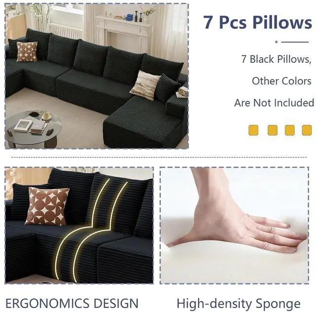 Alt view image 4 of 6 - Cloud Modular Sectional Couch for Living Room, Large U-Shaped Floor Sofa Set with Ottoman & 7 Pillows, 167x69.7 Comfy Fluffy Deep-Seat Corduroy Sofa, No Assembly Required (Black, Right-Facing Chaise)