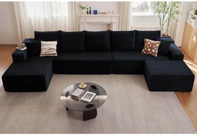 Main image of Cloud Modular Sectional Couch for Living Room, Large U-Shaped Floor Sofa Set with Ottoman & 7 Pillows, 167x69.7 Comfy Fluffy Deep-Seat Corduroy Sofa, No Assembly Required (Black, Left-Facing Chaise)