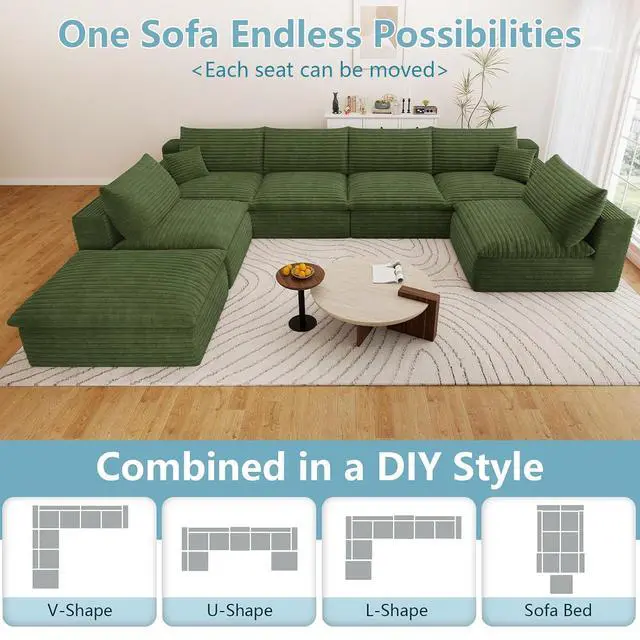 Alt view image 4 of 7 - 136" Cloud Sectional Couch with U-Shaped Chaise,6-Seater Corduroy Viral Boneless Sofa with Ottoman,Memory Foam Couches in a Box with Deep Seat for Living Room,No Assembly Required, Green