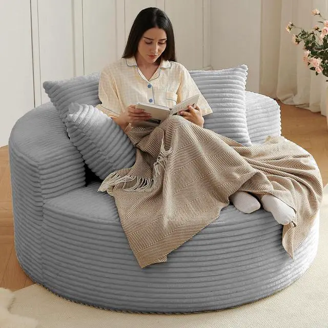 Main image of 55'' Oversized Round Lounge Chair Indoor, Corduroy Upholstered Large Lounge Chaise, Cloud Soft Circle Sofa Bed for Reading,Living Room,Bedroom,No Assembly Required,Light Grey