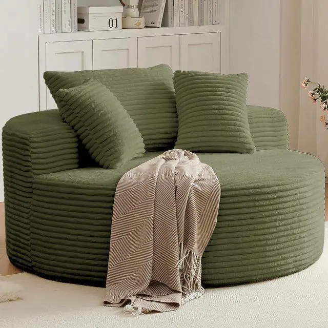 Main image of 55'' Oversized Round Lounge Chair Indoor, Corduroy Upholstered Large Lounge Chaise, Cloud Soft Circle Sofa Bed for Reading,Living Room,Bedroom,No Assembly Required,Green