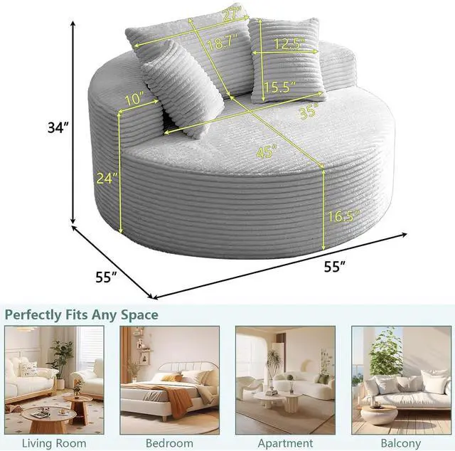 Alt view image 2 of 7 - 55'' Oversized Round Lounge Chair Indoor, Corduroy Upholstered Large Lounge Chaise, Cloud Soft Circle Sofa Bed for Reading,Living Room,Bedroom,No Assembly Required,Light Grey