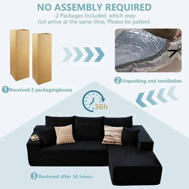 Alt view image 5 of 6 - 107" W Cloud Sectional Couch with L-Shape Chaise, Modern Corduroy Boneless Couch for Living Room,Memory Foam Sofa with Deep Seat,No Assembly Required (Black,Right-Facing Chaise)