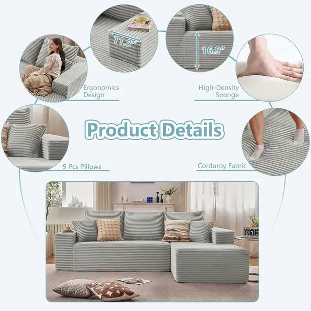 Alt view image 6 of 7 - 107" W Cloud Sectional Couch with L-Shape Chaise, Modern Corduroy Boneless Couch for Living Room,Memory Foam Sofa with Deep Seat,No Assembly Required (Grey,Right-Facing Chaise)