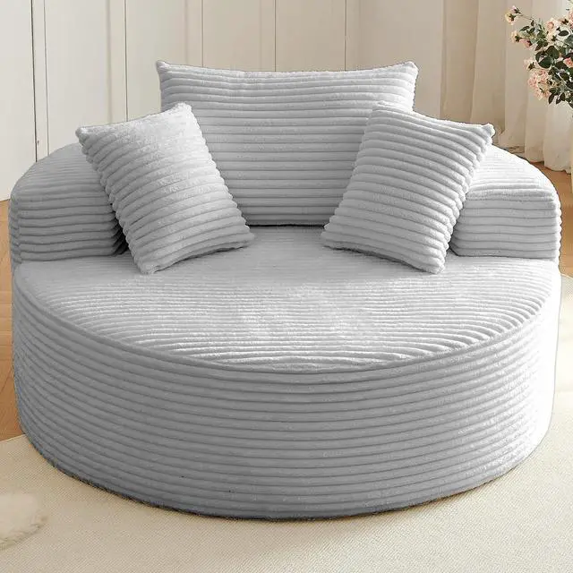 Alt view image 6 of 7 - 55'' Oversized Round Lounge Chair Indoor, Corduroy Upholstered Large Lounge Chaise, Cloud Soft Circle Sofa Bed for Reading,Living Room,Bedroom,No Assembly Required,Light Grey