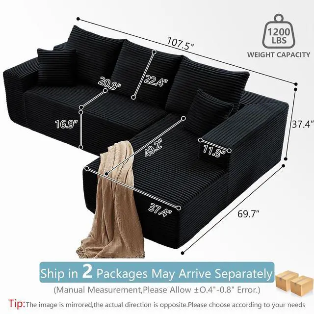 Alt view image 2 of 6 - 107" W Cloud Sectional Couch with L-Shape Chaise, Modern Corduroy Boneless Couch for Living Room,Memory Foam Sofa with Deep Seat,No Assembly Required (Black,Right-Facing Chaise)