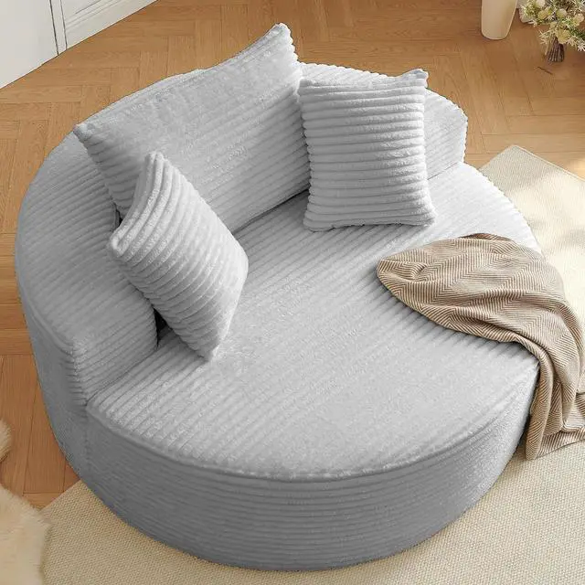 Alt view image 5 of 7 - 55'' Oversized Round Lounge Chair Indoor, Corduroy Upholstered Large Lounge Chaise, Cloud Soft Circle Sofa Bed for Reading,Living Room,Bedroom,No Assembly Required,Light Grey