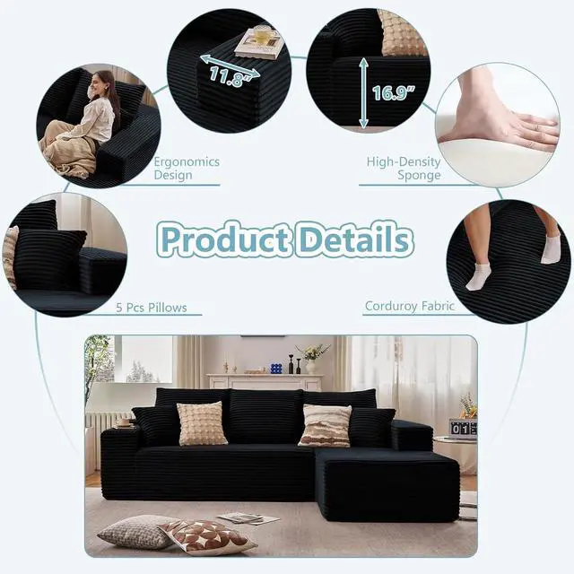Alt view image 4 of 6 - 107" W Cloud Sectional Couch with L-Shape Chaise, Modern Corduroy Boneless Couch for Living Room,Memory Foam Sofa with Deep Seat,No Assembly Required (Black,Right-Facing Chaise)