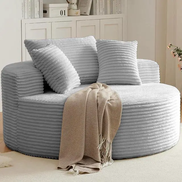 Alt view image 7 of 7 - 55'' Oversized Round Lounge Chair Indoor, Corduroy Upholstered Large Lounge Chaise, Cloud Soft Circle Sofa Bed for Reading,Living Room,Bedroom,No Assembly Required,Light Grey