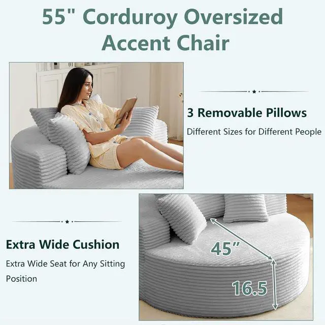 Alt view image 4 of 7 - 55'' Oversized Round Lounge Chair Indoor, Corduroy Upholstered Large Lounge Chaise, Cloud Soft Circle Sofa Bed for Reading,Living Room,Bedroom,No Assembly Required,Light Grey