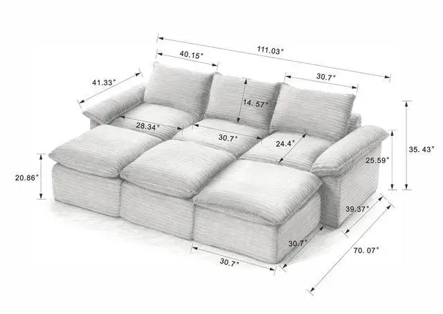 Alt view image 2 of 6 - 111" Cloud Sectional Couch,Corduroy Viral Boneless Sofa with Ottomans,Memory Foam Couces in a Box with Deep Seat for Living Room,No Assembly Required (Dark Grey)