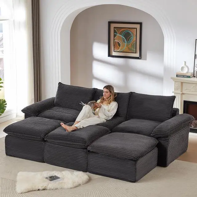 Main image of 111" Cloud Sectional Couch,Corduroy Viral Boneless Sofa with Ottomans,Memory Foam Couces in a Box with Deep Seat for Living Room,No Assembly Required (Dark Grey)