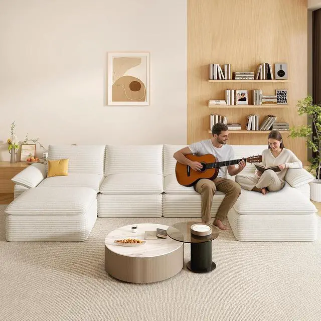 Alt view image 7 of 7 - 142" Cloud Sectional Couch with U-Shaped Chaise,Corduroy Viral Boneless Sofa with Ottoman,Memory Foam Couces in a Box with Deep Seat for Living Room,No Assembly Required (White)